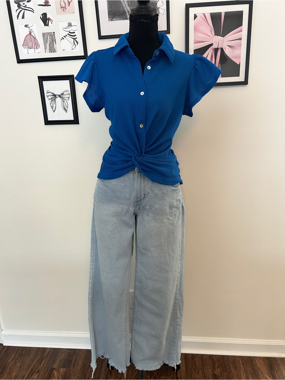 Kathy Ireland Blue Twist-Front Button Shirt - Women Tops